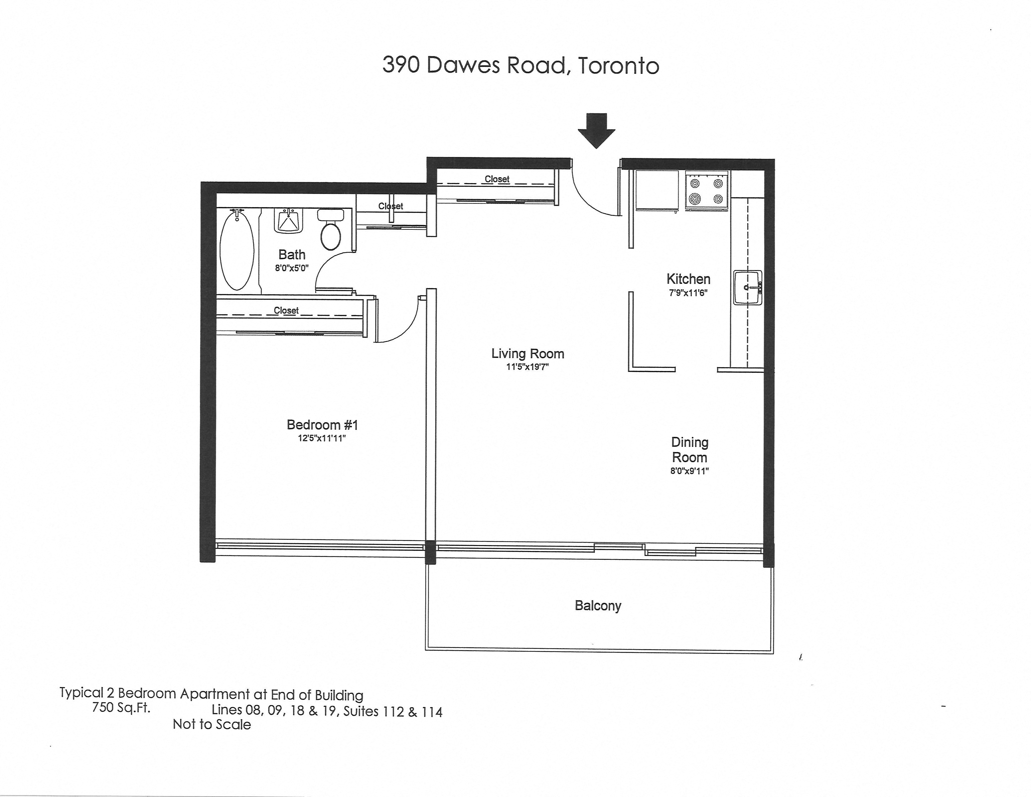 Floor plan for 1 bed, 1 bath, 750 sqft